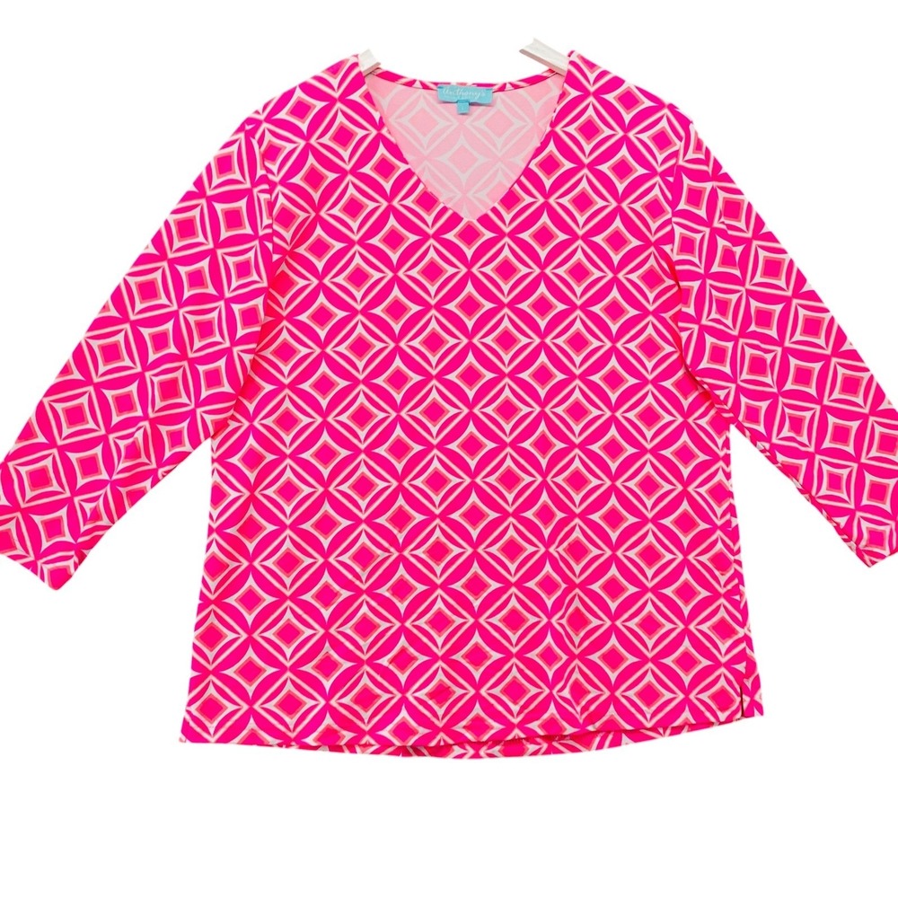 Anthonys Resort Wear Womens Pink Geometric V-Neck 3/4 Sleeve Top Large - Picture 5 of 7